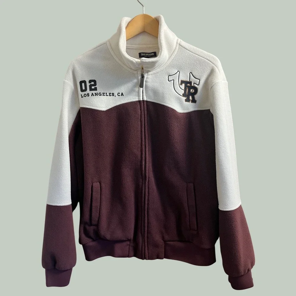 True Religion Fleece Track Jacket Mens Medium Burgundy Cream Colorblock Zip Up
